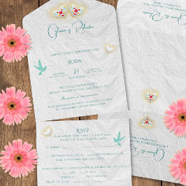 Invitación Todo En Uno Flores blancas españolas palomas Boda mexicano
