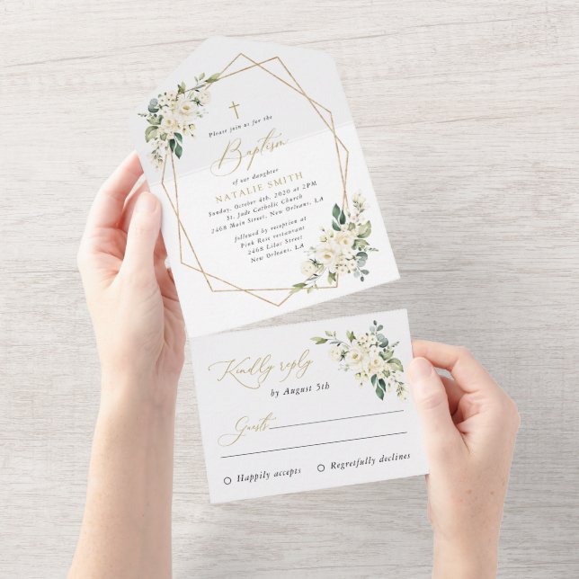 Invitación Todo En Uno Flores Blancas, Flores Crema, Boho, Bautizo Floral (desgarro)