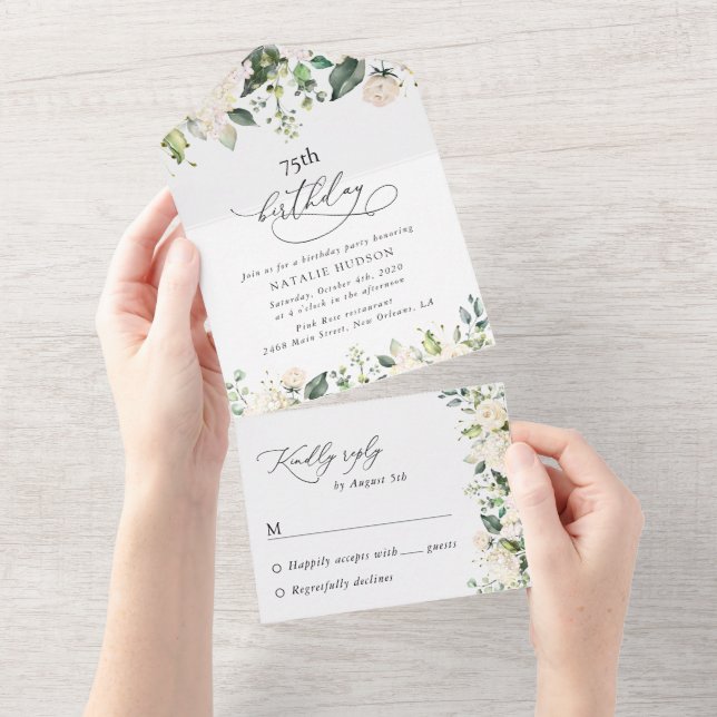 Invitación Todo En Uno Flores Blancas, Flores Crema, Boho, Cumpleaños (desgarro)