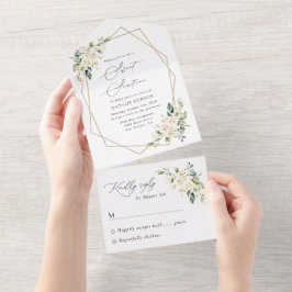 Invitación Todo En Uno Flores blancas, flores de crema, boho, dulce 16