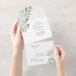 Invitación Todo En Uno Flores Blancas Y Boho Verdor Elegante Boda