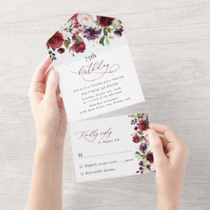 Invitación Todo En Uno Flores Borgoña, Flores Rosadas, Boho, Cumpleaños