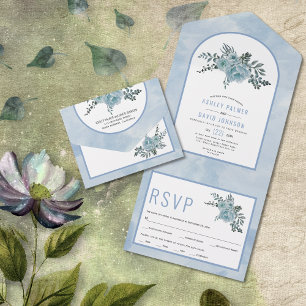 Invitación Todo En Uno Flores color azul turbio color agua arco boda flor