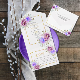 Invitación Todo En Uno Flores color de agua púrpura boda de marco dorado