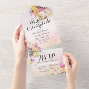 Invitación Todo En Uno Flores de acuarela coloridas Boda Botánica RSVP
