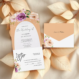 Invitación Todo En Uno Flores de acuarela románticas de color púrpura ele