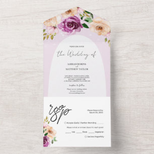 Invitación Todo En Uno Flores de acuarela románticas moradas de color púr