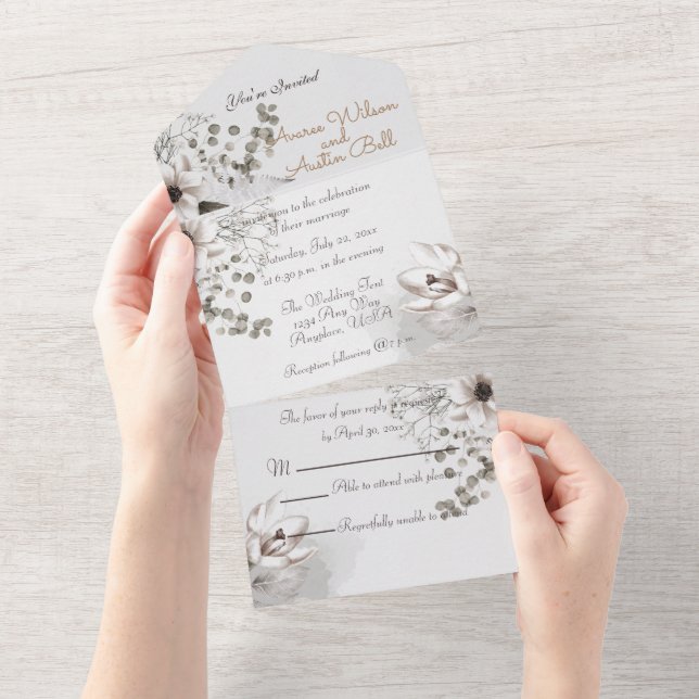 Invitación Todo En Uno Flores de Acuarela Sepia Monocroma Todo en Uno (desgarro)