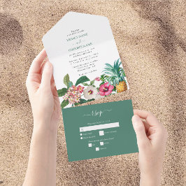 Invitación Todo En Uno Flores de acuarela tropical y Boda de vegetación