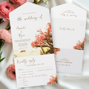 Invitación Todo En Uno Flores de Adelfa Naranja Boda en Playa Tropical