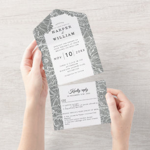 Invitación Todo En Uno flores de arte de línea blanca en el boda de fondo