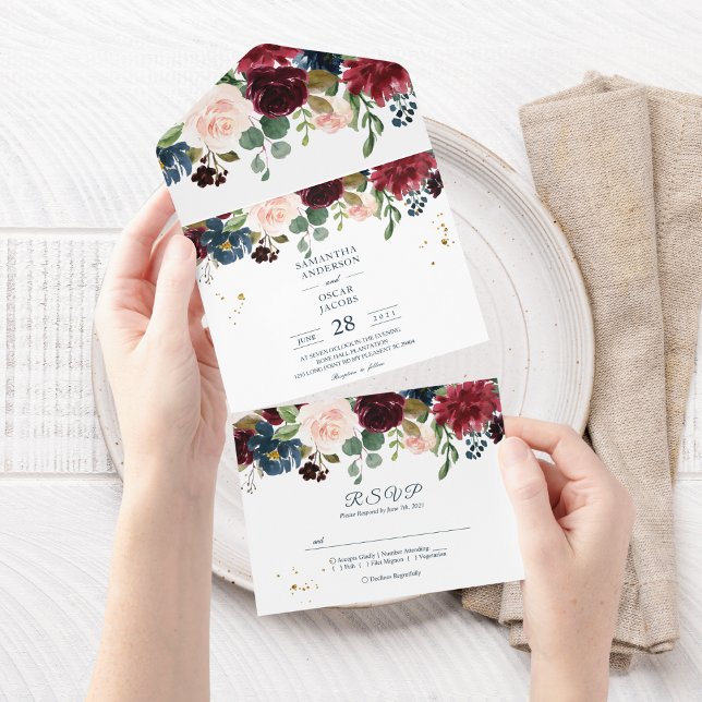 Invitación Todo En Uno Flores de Belleza Burgundy Rústico Azul Marino y R (Subido por el creador)