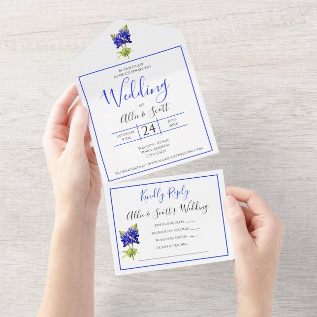 Invitación Todo En Uno Flores de Bluebonnet en Texas, Boda moderno (desgarro)