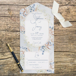 Invitación Todo En Uno Flores de boho azul y tan secas azul sin cena