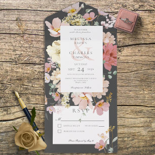 Invitación Todo En Uno Flores de boho rosado negro y Rubor sin cena