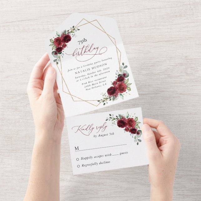 Invitación Todo En Uno Flores de Borgoña, Flores Rojas, Boho, Cumpleaños (desgarro)