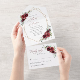 Invitación Todo En Uno Flores de Borgoña, Flores Rojas, Boho, Dulce 16