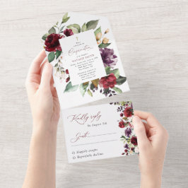 Invitación Todo En Uno Flores de Borgoña, Flores Rosadas, Boho, Confirmac