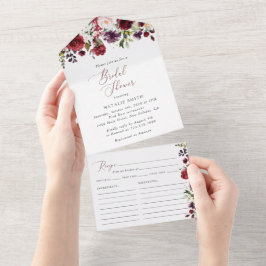 Invitación Todo En Uno Flores de Borgoña, flores rosas, ducha de novias B