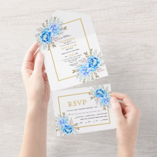Invitación Todo En Uno Flores de color azul boda de marco dorado