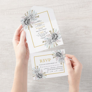 Invitación Todo En Uno Flores de color de agua gris boda de marco dorado