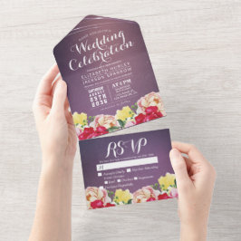 Invitación Todo En Uno Flores de color de agua morado BG Wedding RSVP