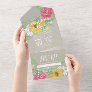 Invitación Todo En Uno Flores de color de agua Purpurina de oro verde RSV