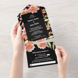 Invitación Todo En Uno Flores de color de agua rojas en Boda negro