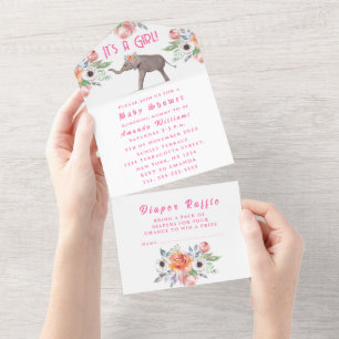 Invitación Todo En Uno Flores de elefante insípidas es un Baby Shower Chi