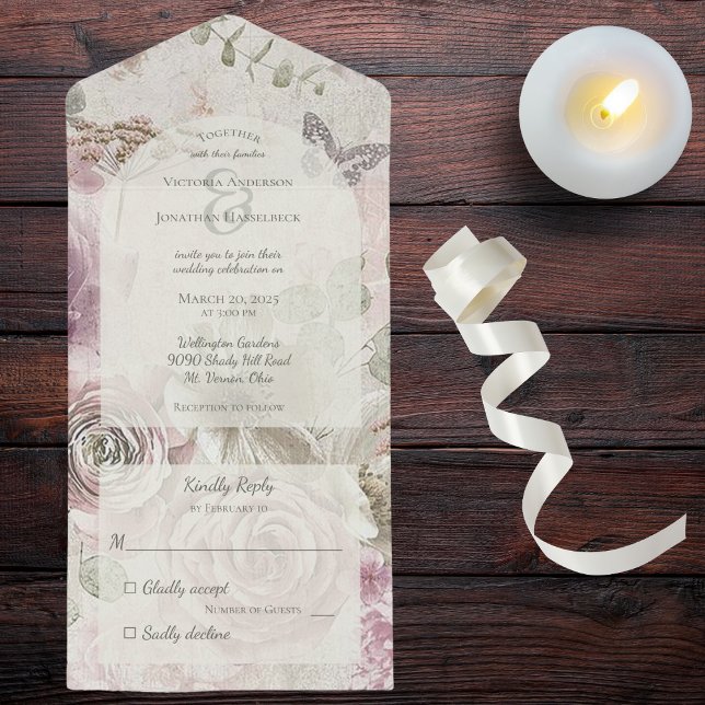 Invitación Todo En Uno Flores de época con mariposa (Also available with QR code or dinner options. )