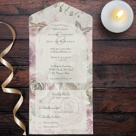 Invitación Todo En Uno Flores de época con mariposa