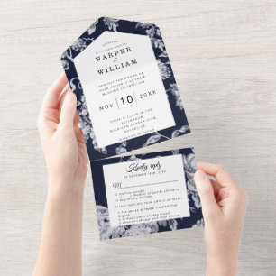 Invitación Todo En Uno Flores de época en el boda azul marino