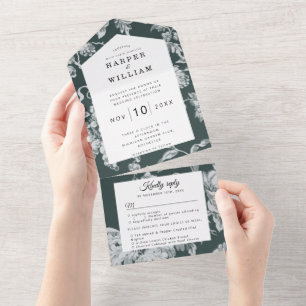 Invitación Todo En Uno Flores de época en el boda verde esmeralda
