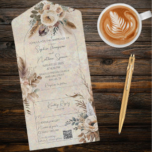 Invitación Todo En Uno Flores de estilo bohemio neutro Código QR