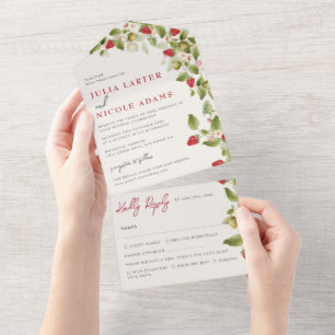 Invitación Todo En Uno Flores de Fresa Silvestre Dulce Roja Boda