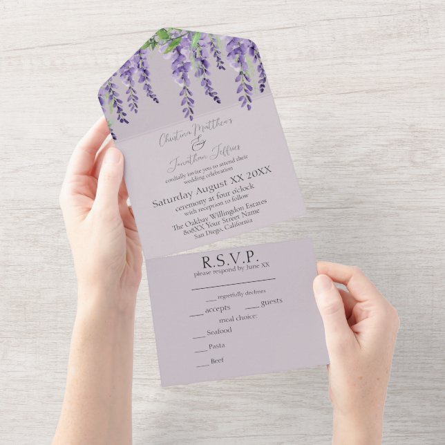 Invitación Todo En Uno Flores de glicinia morada Elegante Boda de Lavanda (desgarro)