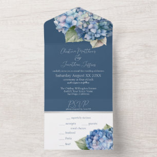 Invitación Todo En Uno Flores de hidrangea de color azul romántico en la 