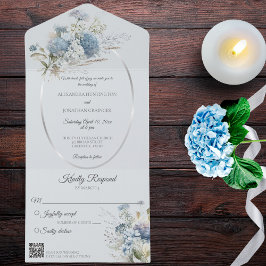 Invitación Todo En Uno Flores de hielo azul bohemio con código QR azul