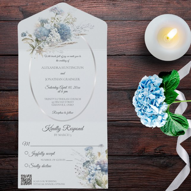 Invitación Todo En Uno Flores de hielo azul bohemio con código QR azul (Subido por el creador)