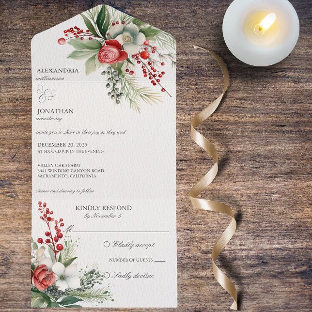 Invitación Todo En Uno Flores de invierno elegantes, bayas y pino (Subido por el creador)