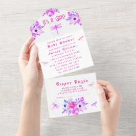 Invitación Todo En Uno Flores de libélula morada es un Baby Shower Chica