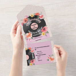 Invitación Todo En Uno Flores de los años 1950, Boda de Récords Musicales