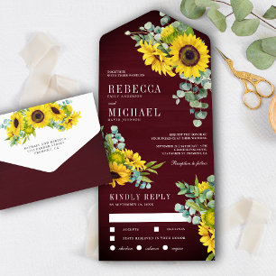 Invitación Todo En Uno Flores de madera de Borgoña y Boda de Eucalipto