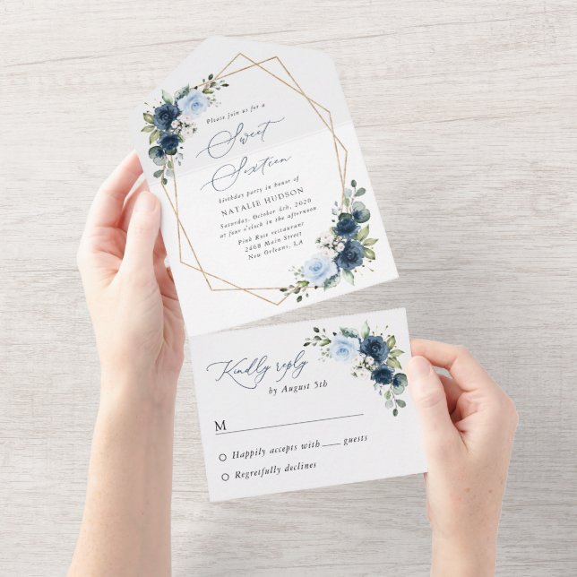 Invitación Todo En Uno Flores de marina, flores azules, vegetación, dulce (desgarro)