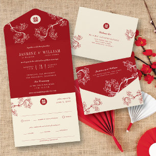Invitación Todo En Uno Flores de melocotón/ciruelo Doble Felicidad china