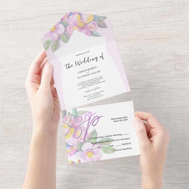 Invitación Todo En Uno Flores de melocotón rusticas acuarelas (desgarro)