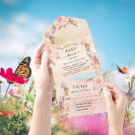 Invitación Todo En Uno Flores de oro rosa de pampas de peluche de Baby Sh