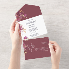 Invitación Todo En Uno Flores De Pasión Acuarela Borgoña Y Oro