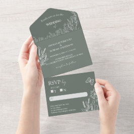 Invitación Todo En Uno Flores de prado Boda Verde Sirocco RSVP