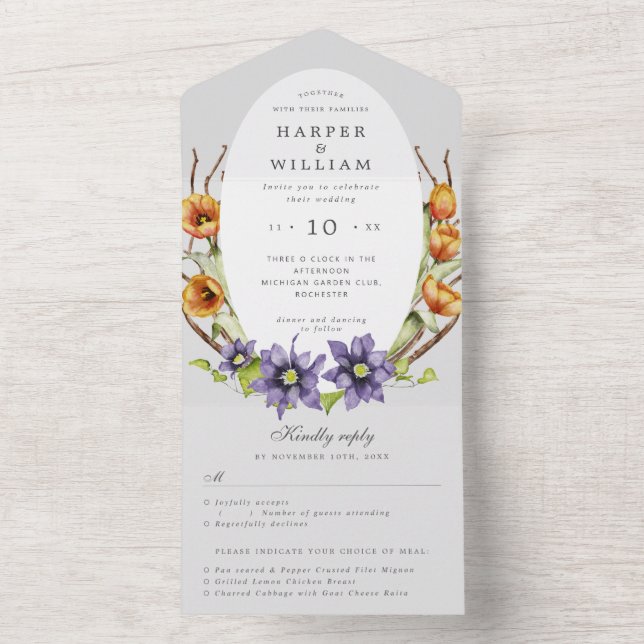 Invitación Todo En Uno flores de primavera boda adjunto de rsvp (Interior)